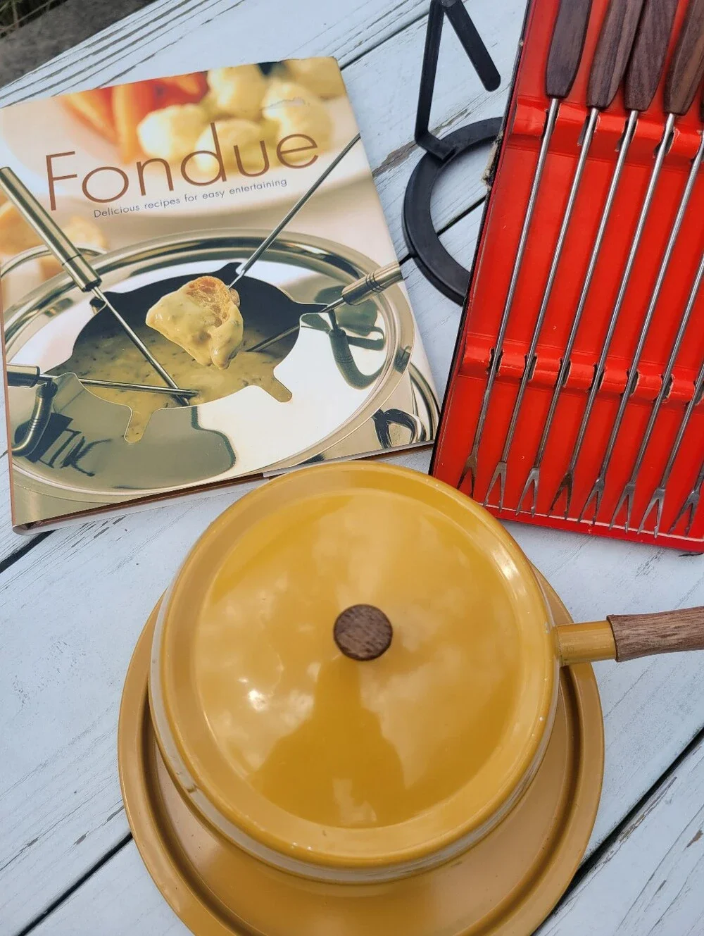 Fondue Pot Bundle Vintage Yellow Fondue Pot Forks Skewers Cookbook